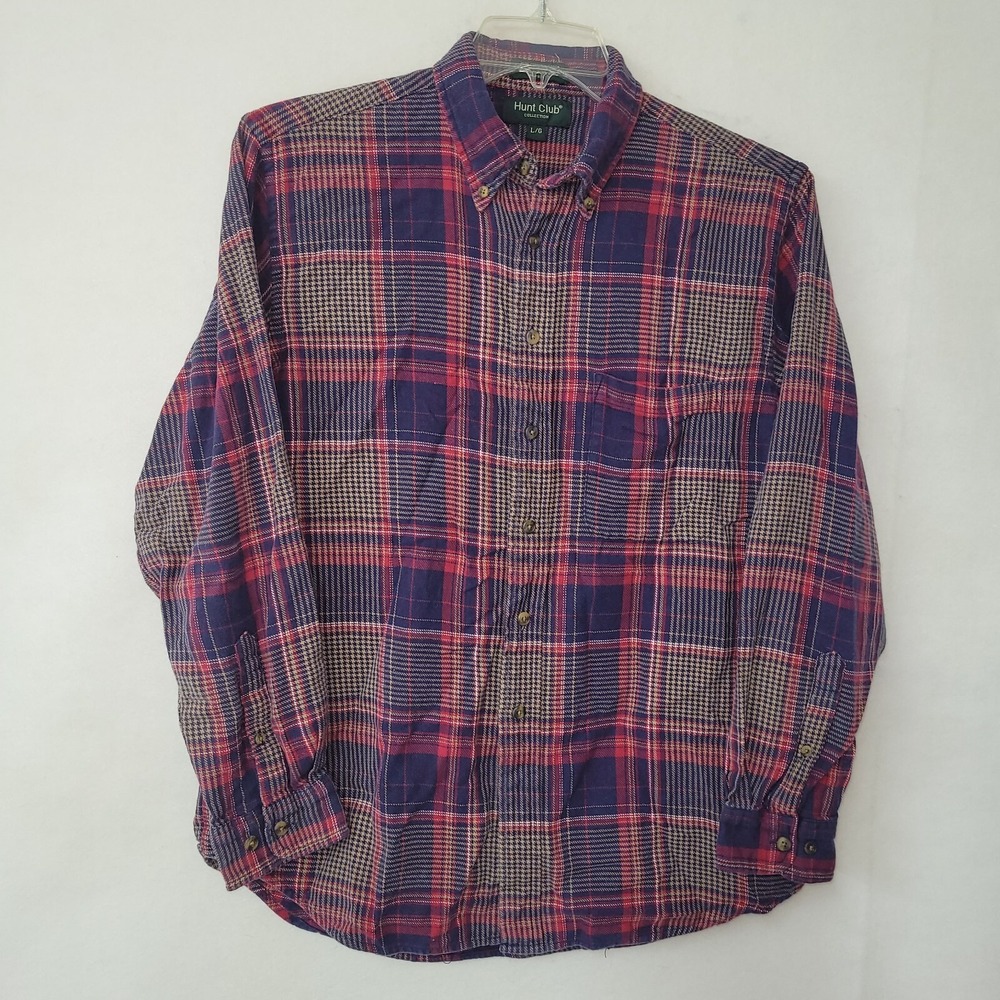 Hunt Club Collection Mens‎ Large Plaid Houndstooth Cotton Flannel Shirt Blue Red